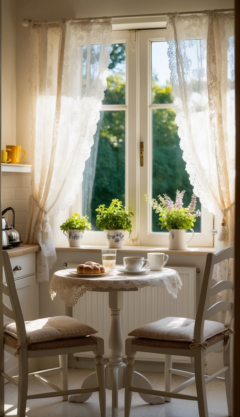 A quaint breakfast nook in a French cottage kitchen, with sunlight streaming through lace curtains onto a small table set with fresh pastries and a steaming cup of coffee