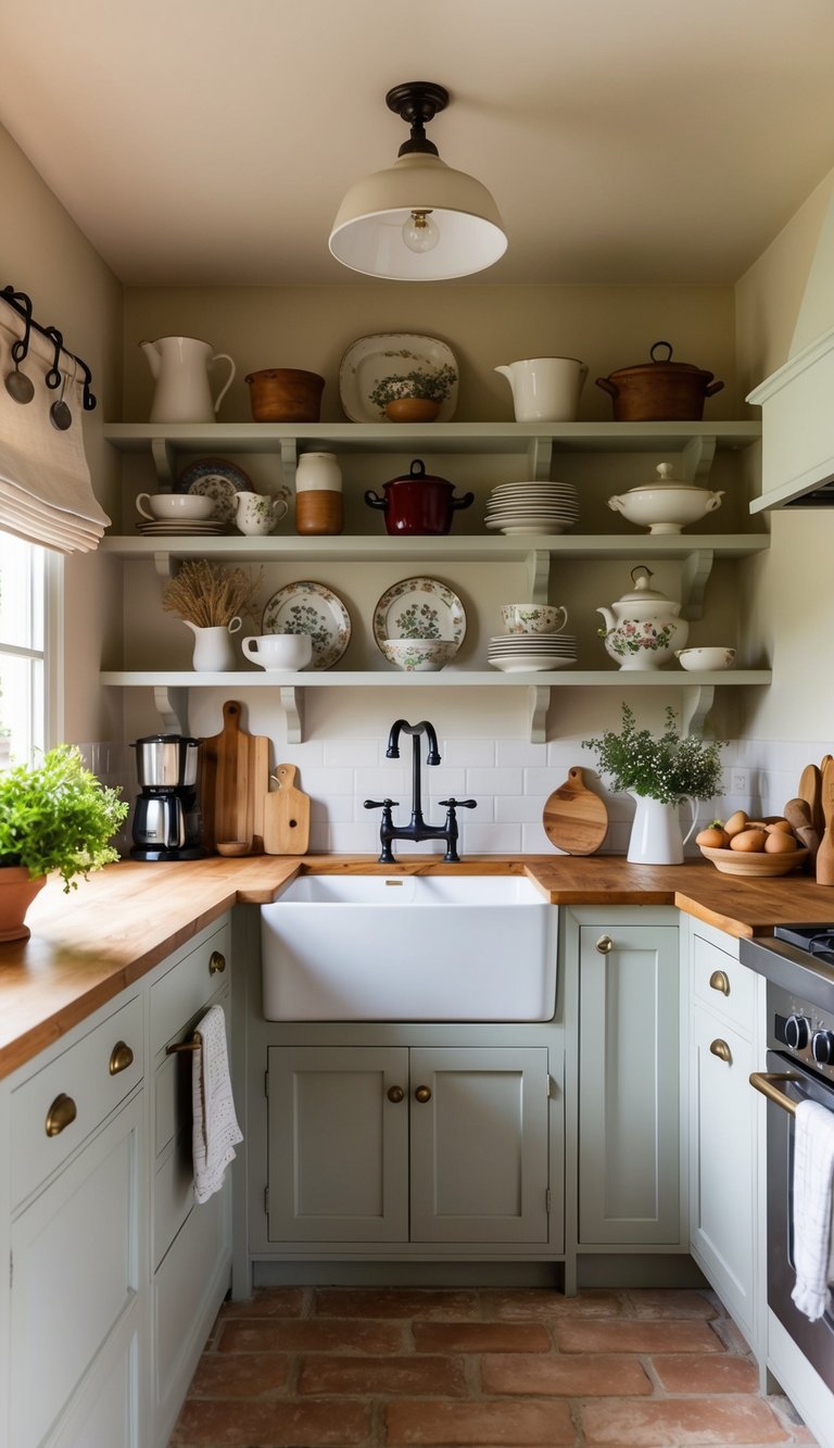 A cozy French cottage kitchen with open shelving displaying 14 charming and rustic inspirations