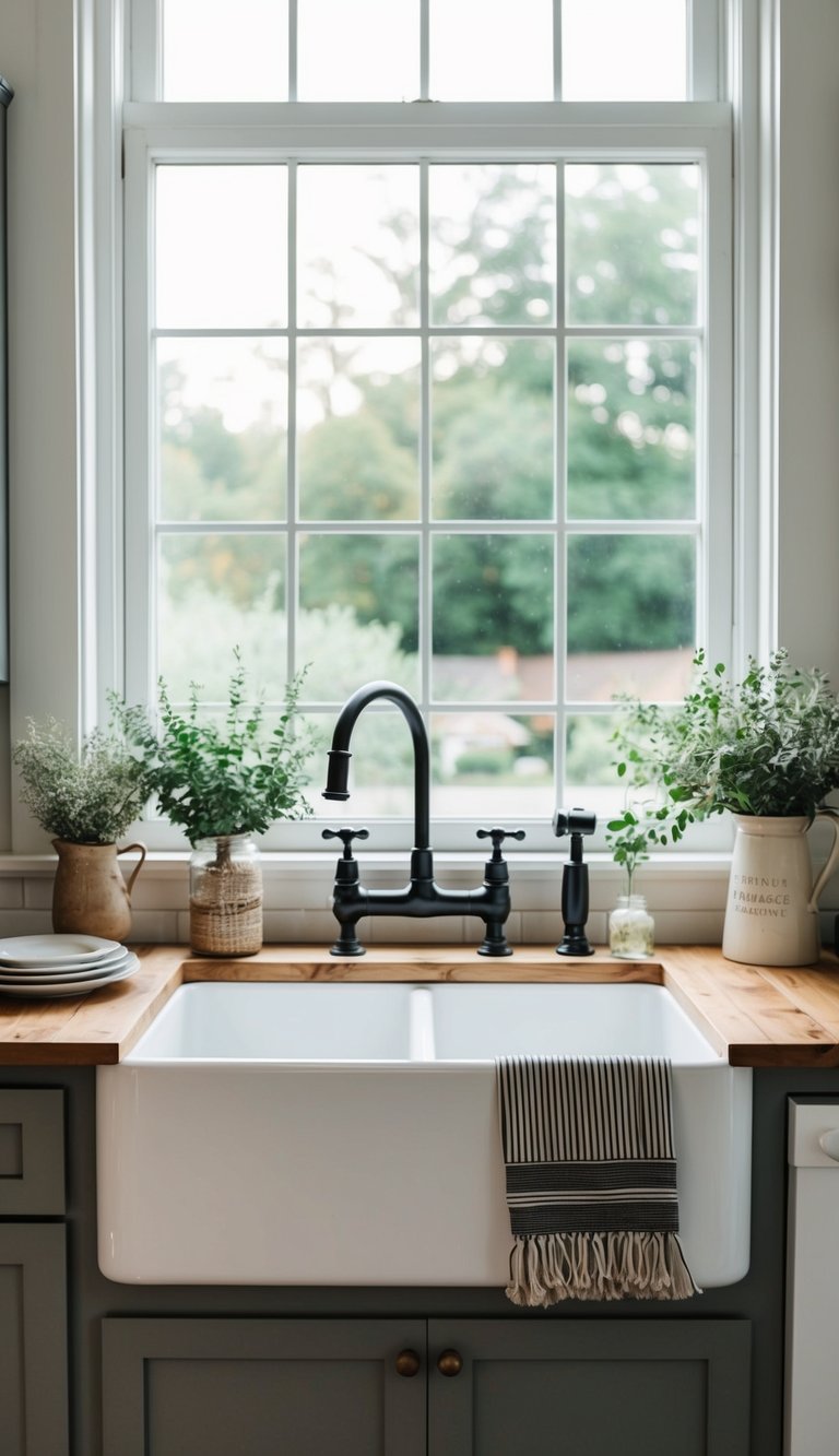 A farmhouse sink sits beneath a window, surrounded by rustic French-inspired kitchen decor