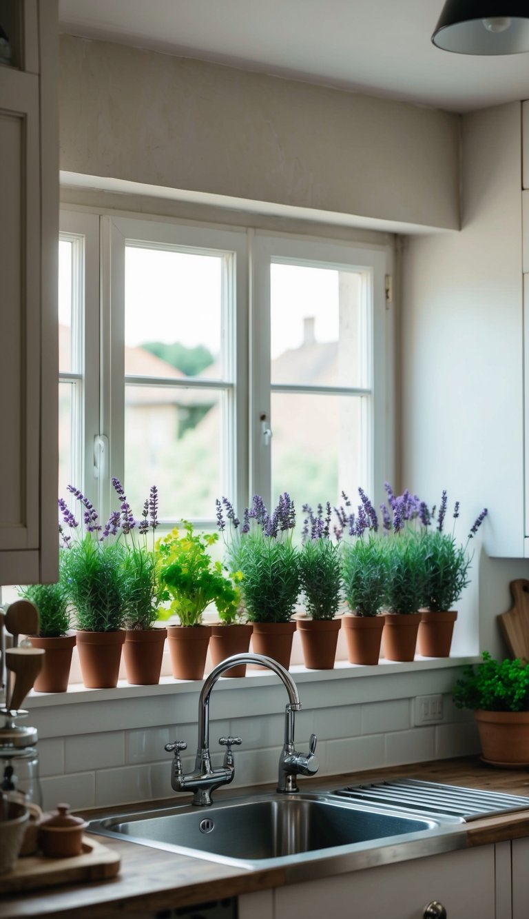 A rustic French kitchen with 14 lavender herb planters on the windowsill