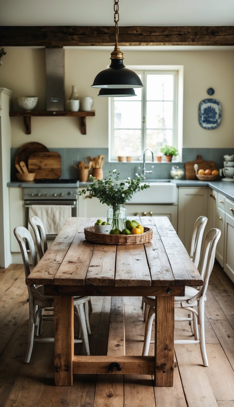 A rustic reclaimed wood table surrounded by French cottage kitchen decor and natural light