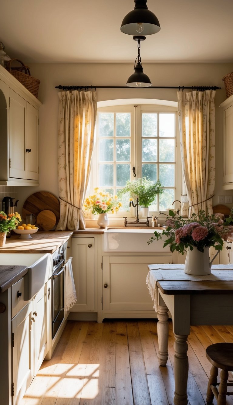 A cozy French cottage kitchen with country-style curtains, sunlight streaming through the window, a rustic table, and fresh flowers on the counter