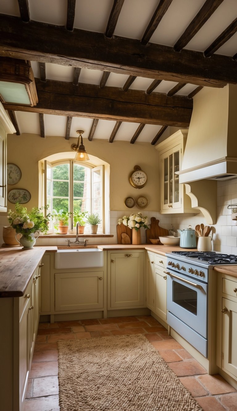 A cozy French cottage kitchen with a beamed ceiling, vintage decor, and natural light pouring in through the windows