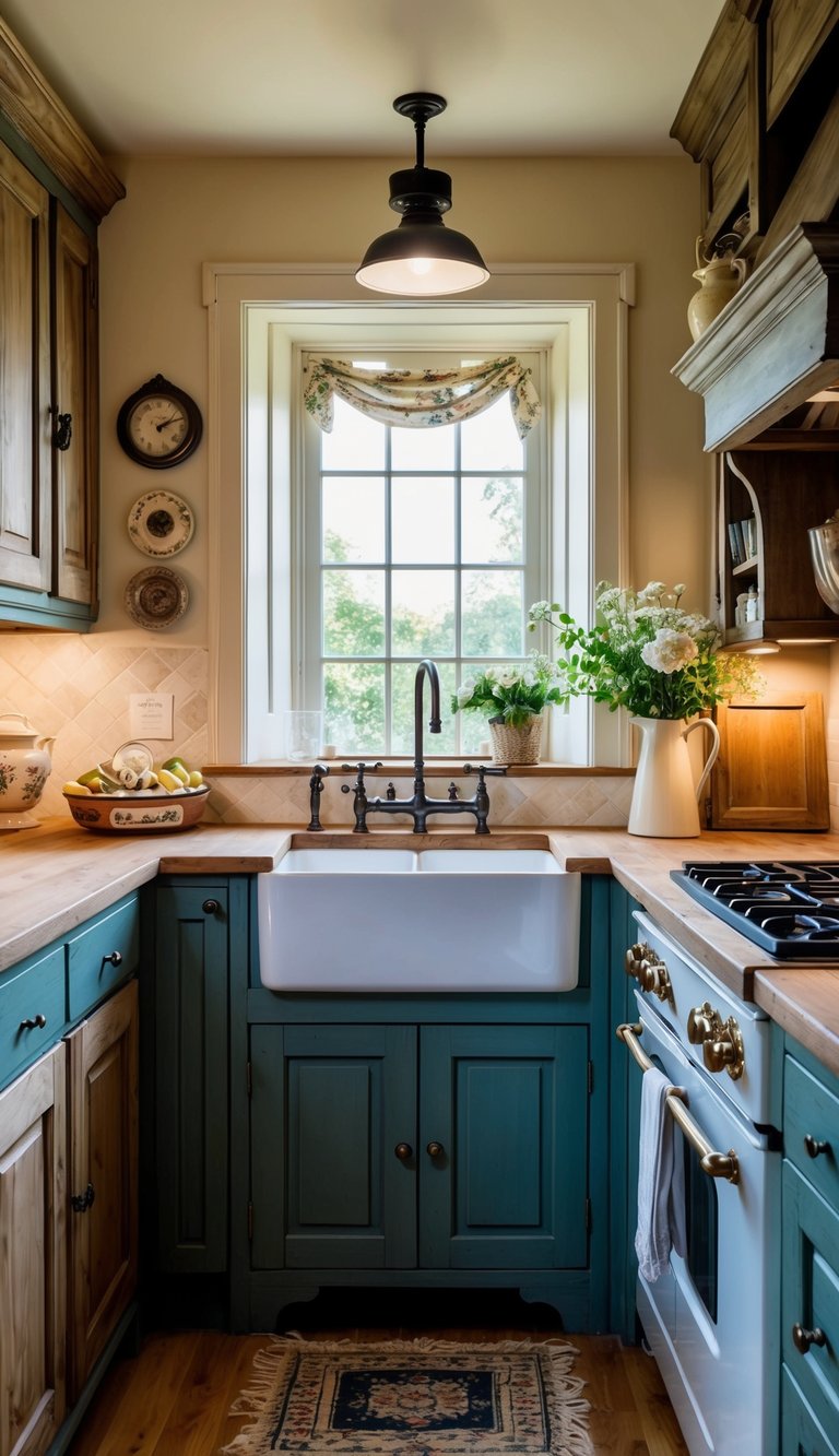 A cozy French cottage kitchen with a charming apron-front sink, surrounded by rustic wooden cabinetry and vintage-inspired decor