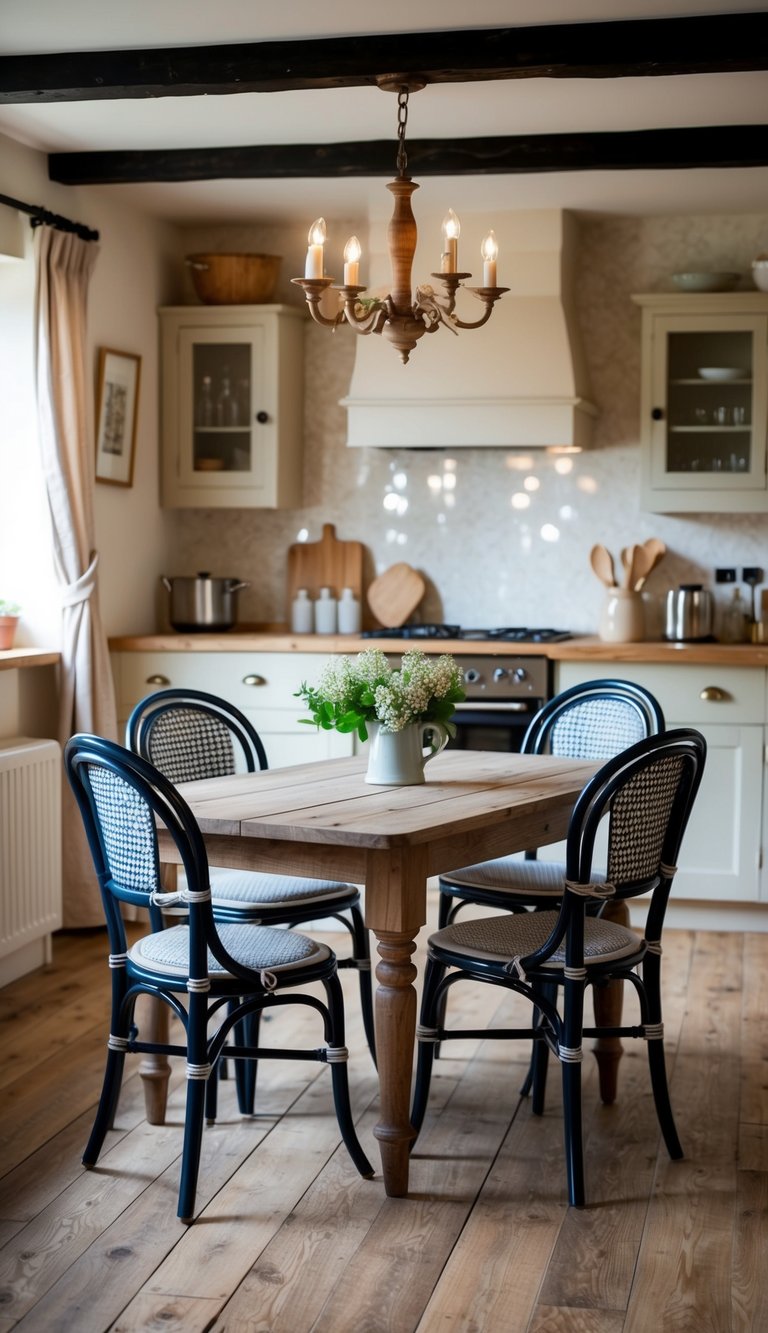 French bistro chairs arranged around a rustic wooden table in a cozy cottage kitchen