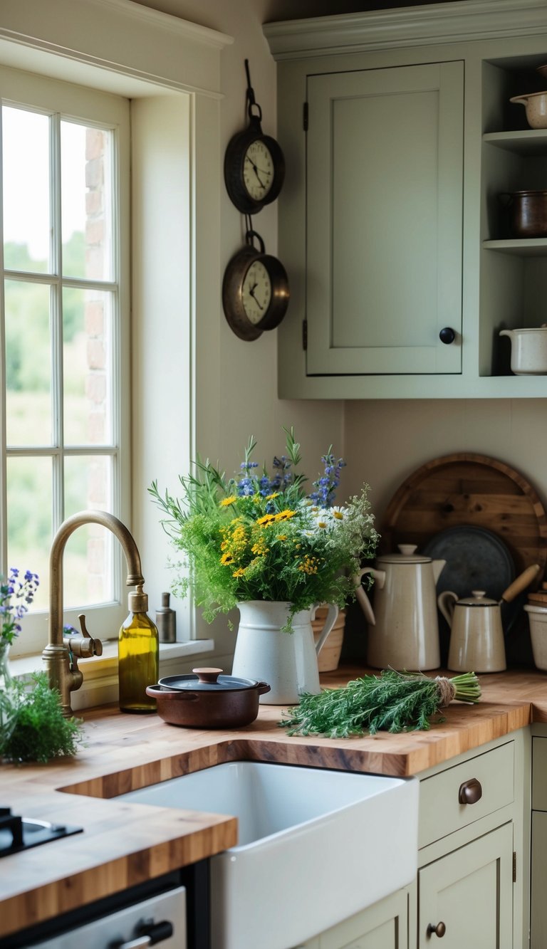 A cozy French cottage kitchen with butcher block countertops, adorned with rustic cookware, fresh herbs, and a bouquet of wildflowers