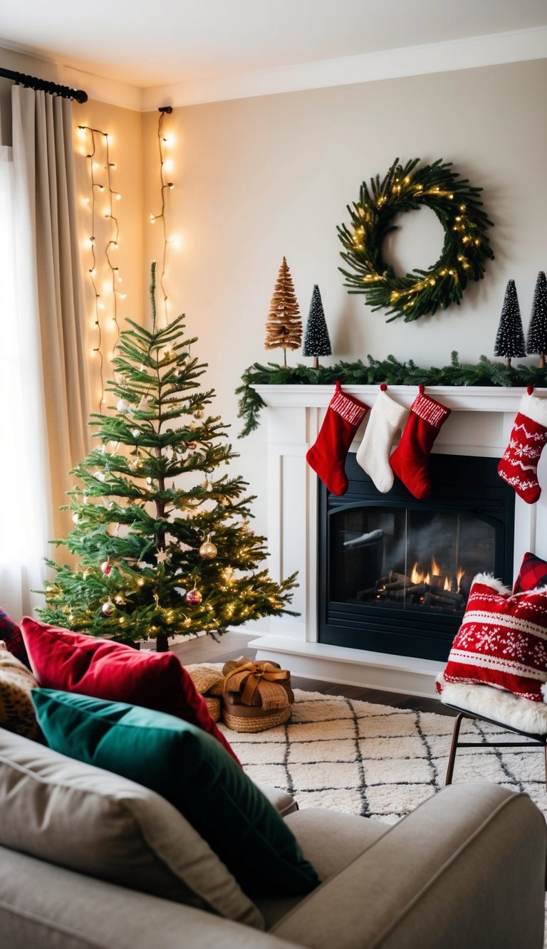 A cozy living room with a small Christmas tree, twinkling lights, stockings hung on a mantel, and festive throw pillows on a couch