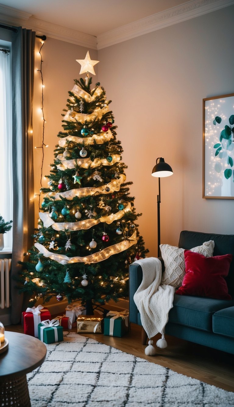 A cozy small apartment with a Christmas tree, twinkling lights, and festive decorations cleverly arranged to maximize space