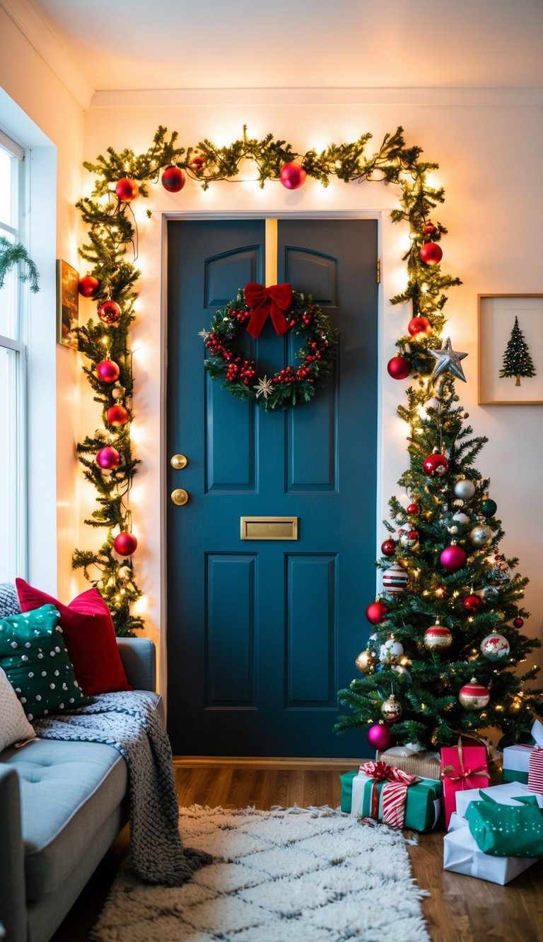 A cozy small apartment adorned with DIY Christmas decorations, including handmade ornaments, twinkling lights, and a festive wreath on the door