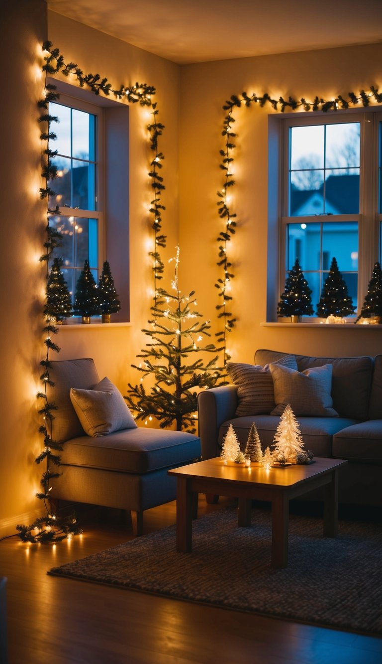 Warm, soft lighting illuminates a cozy living room adorned with twinkling fairy lights, a small Christmas tree, and festive garlands draped along the walls and windows