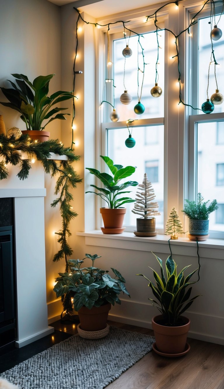 A cozy small apartment adorned with eco-friendly Christmas decor: potted plants, handmade ornaments, and LED string lights adorning the mantel and windows