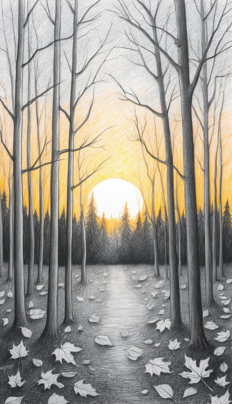 A serene forest with scattered leaves and bare branches under a soft, golden sunset