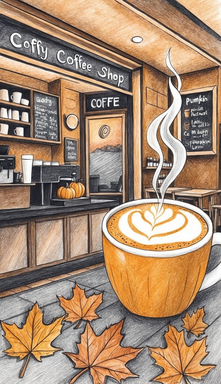 A cozy coffee shop with warm tones, a steaming mug of pumpkin spice latte, and autumn leaves scattered around