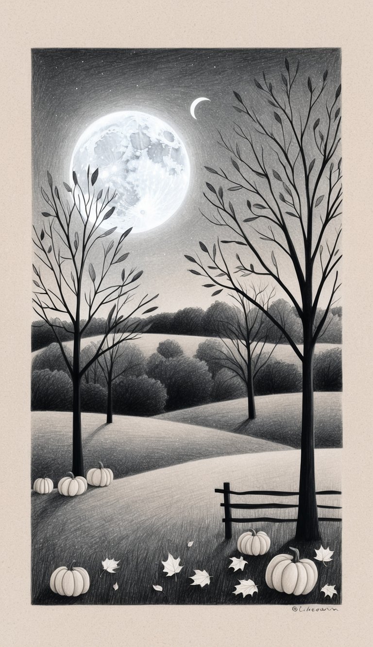 A serene autumn night with a full moon shining over a tranquil countryside, with minimalistic trees, leaves, and pumpkins scattered around