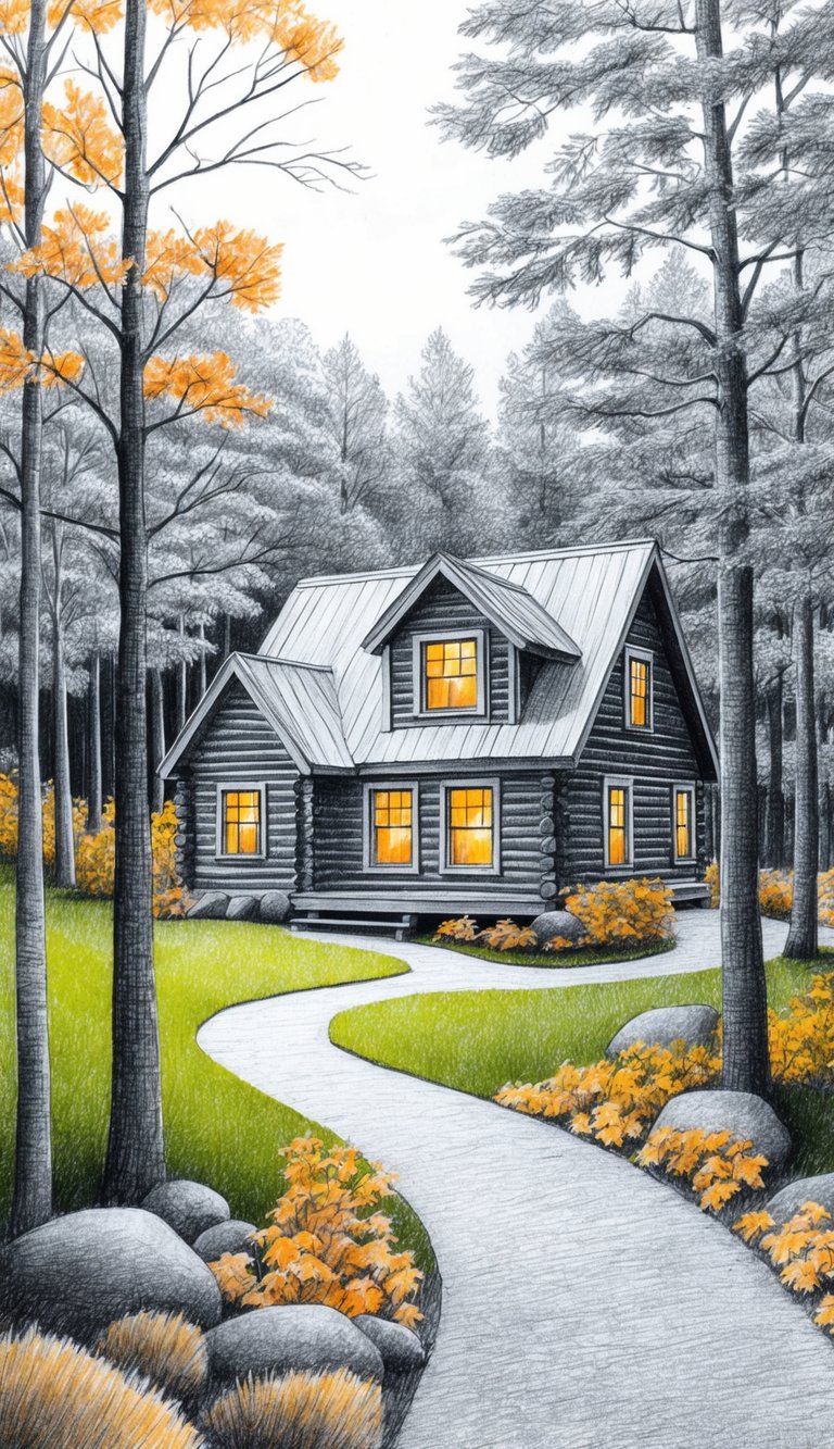 A cozy cabin nestled among autumn trees, with a winding path and a warm glow from the windows