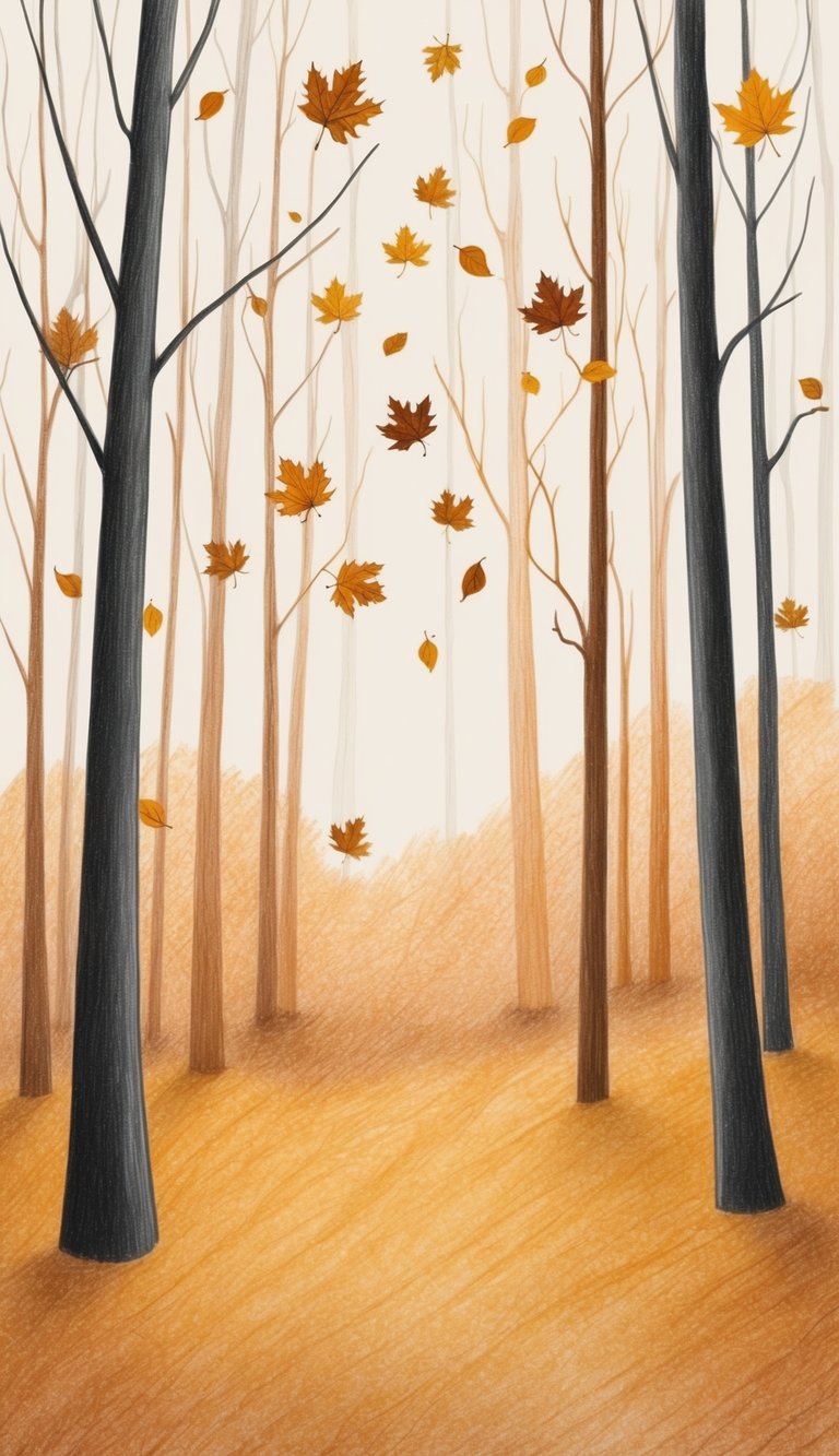 A serene woodland scene with falling leaves and minimalistic trees in a warm autumn color palette