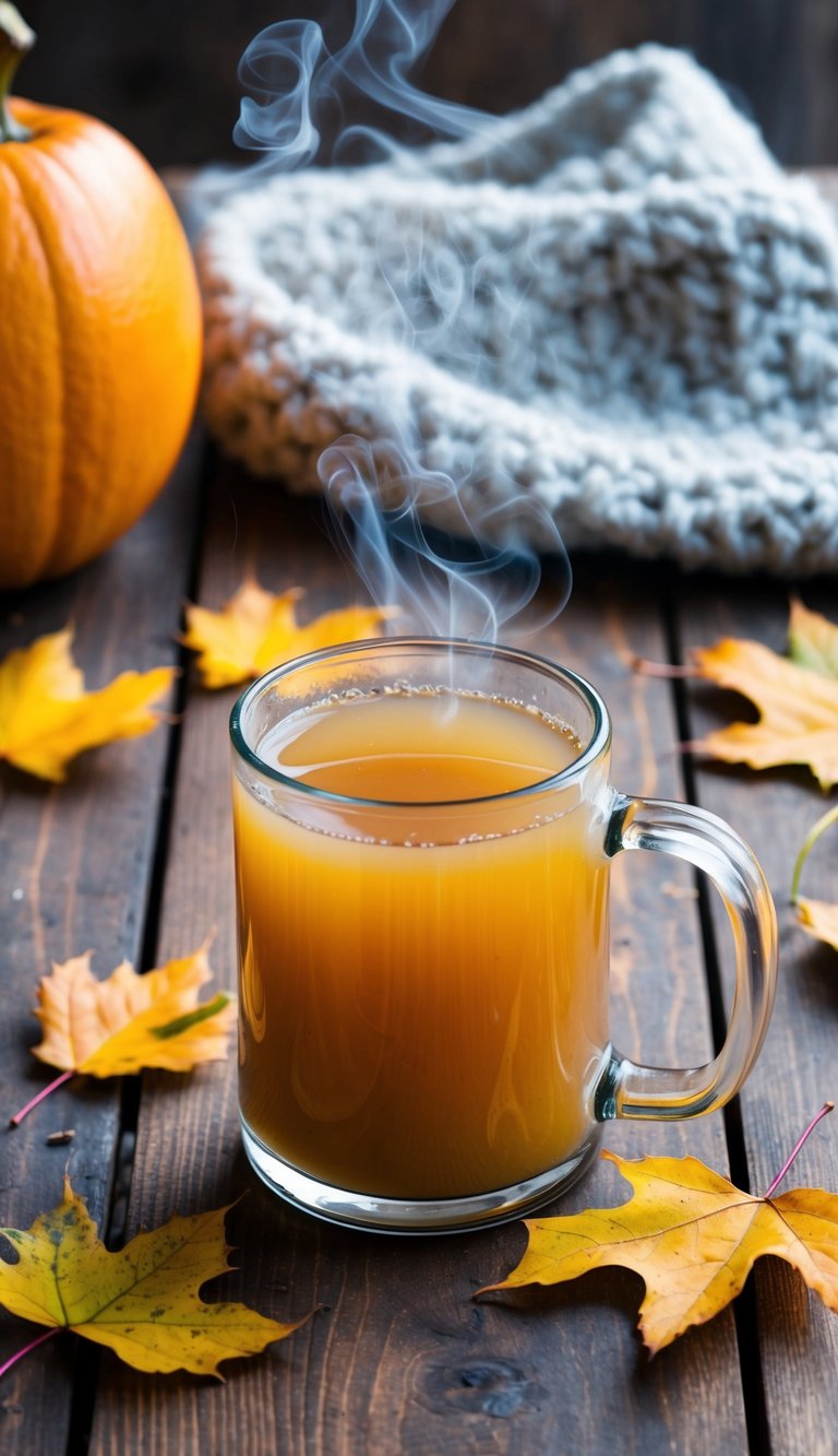 A steaming mug of cider sits on a wooden table surrounded by fallen leaves and a cozy scarf