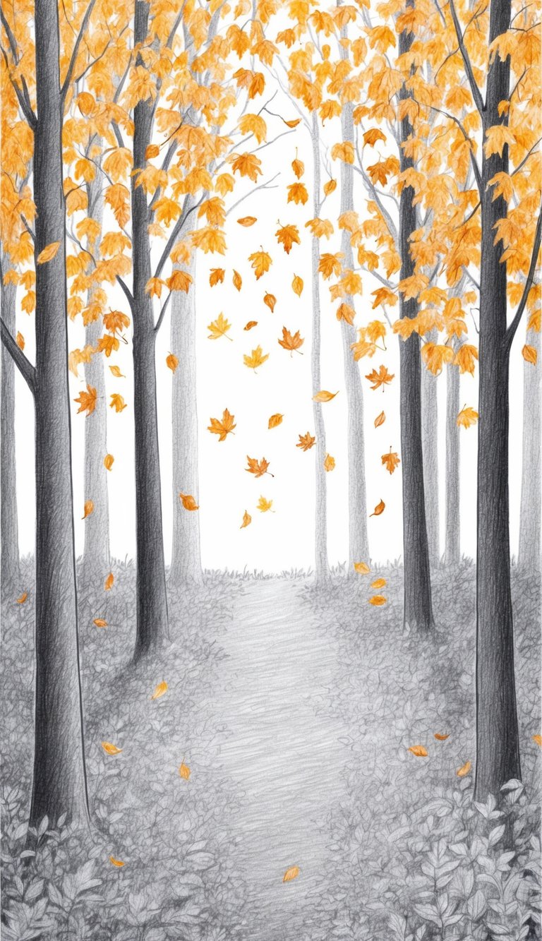 A serene forest clearing with golden leaves falling gently, creating a simple yet enchanting fall scene