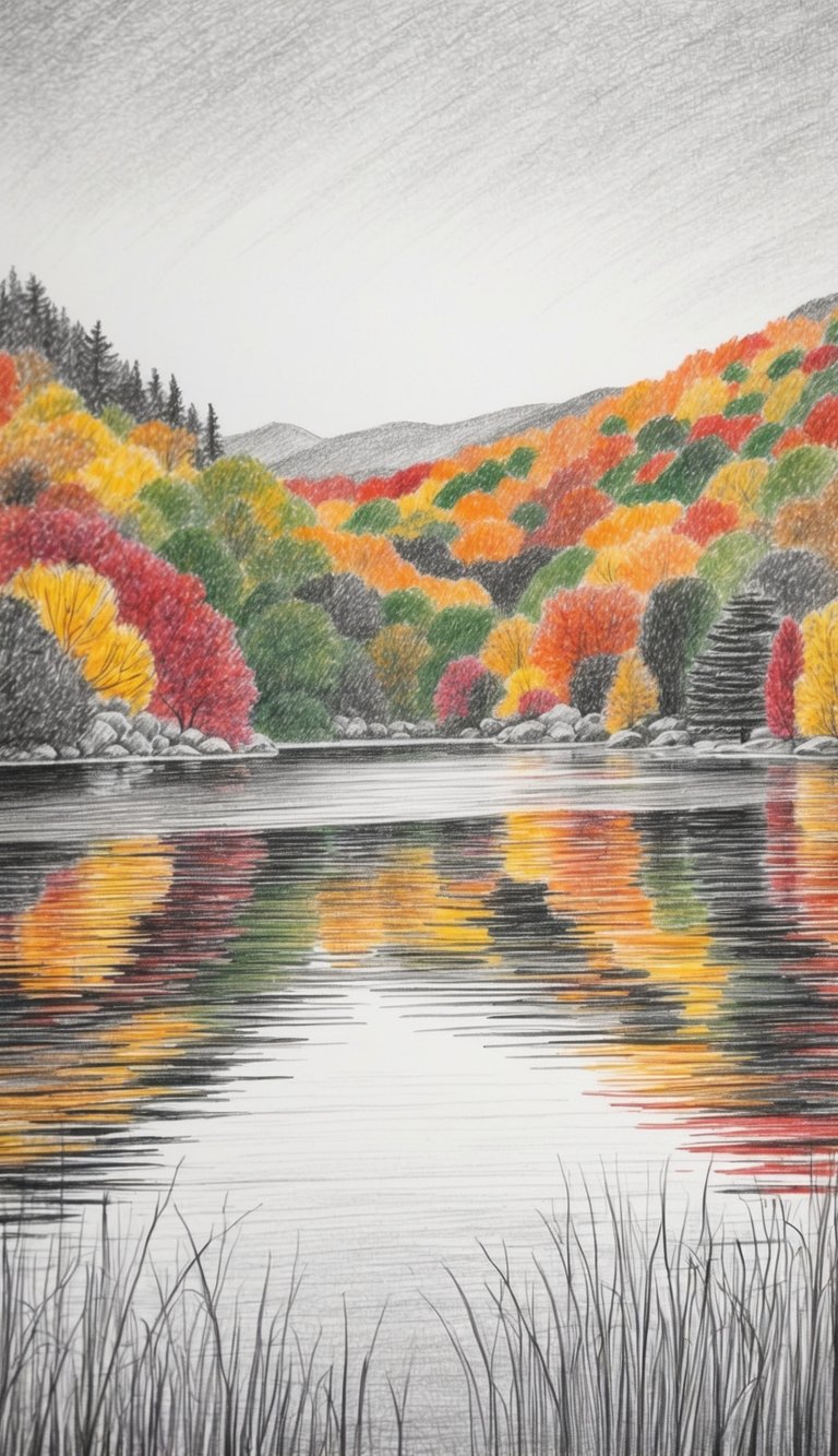 A serene lake surrounded by colorful fall foliage, reflecting in the calm water