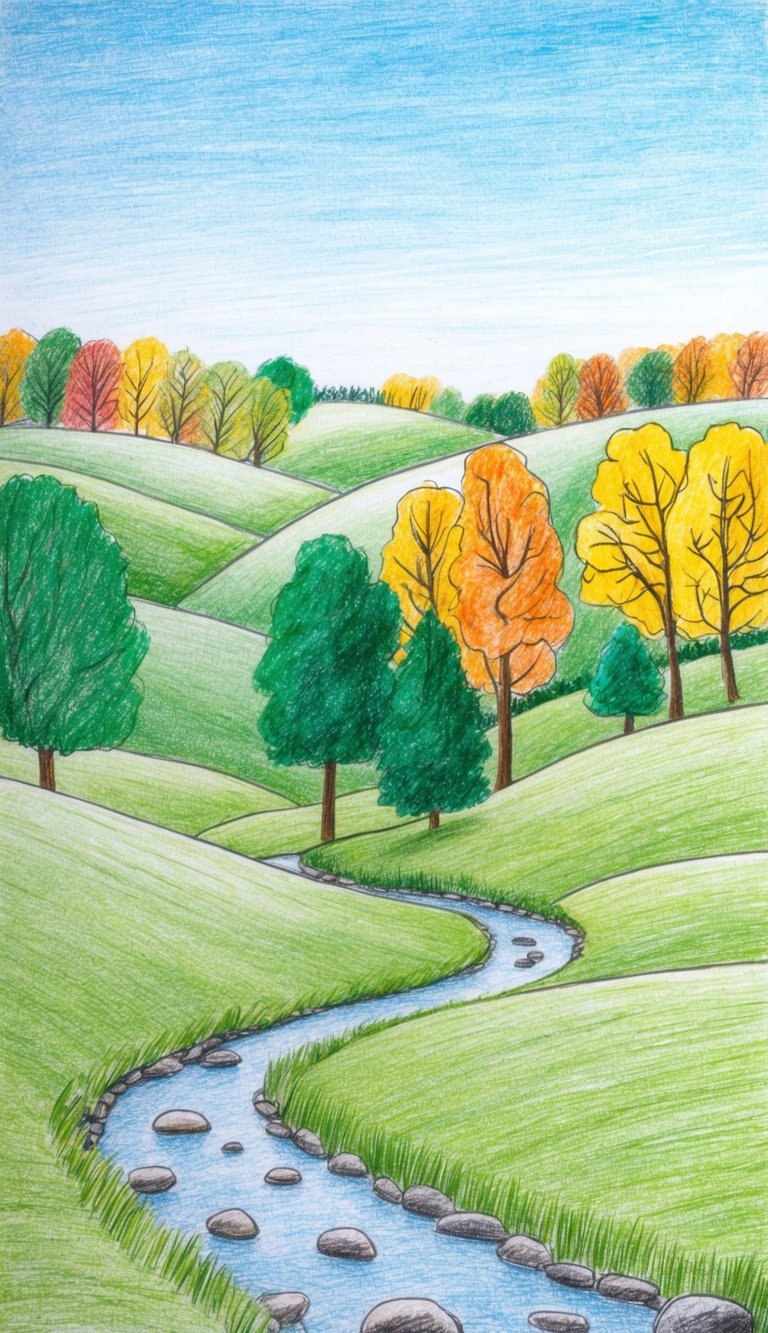 A serene countryside landscape with rolling hills, a winding stream, and colorful autumn trees under a clear blue sky