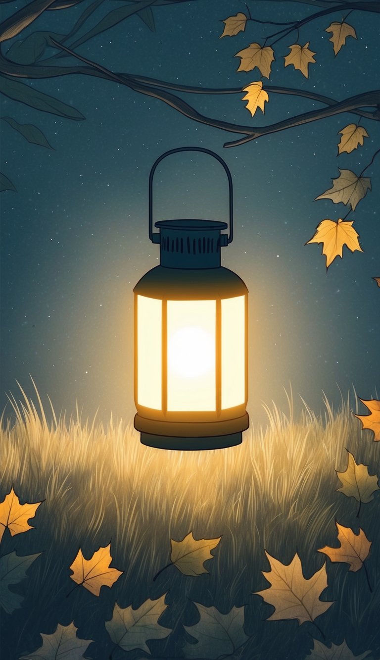 A lone lantern illuminates a serene fall night, casting a warm glow on the surrounding leaves and creating a simple, minimalistic design for a phone wallpaper