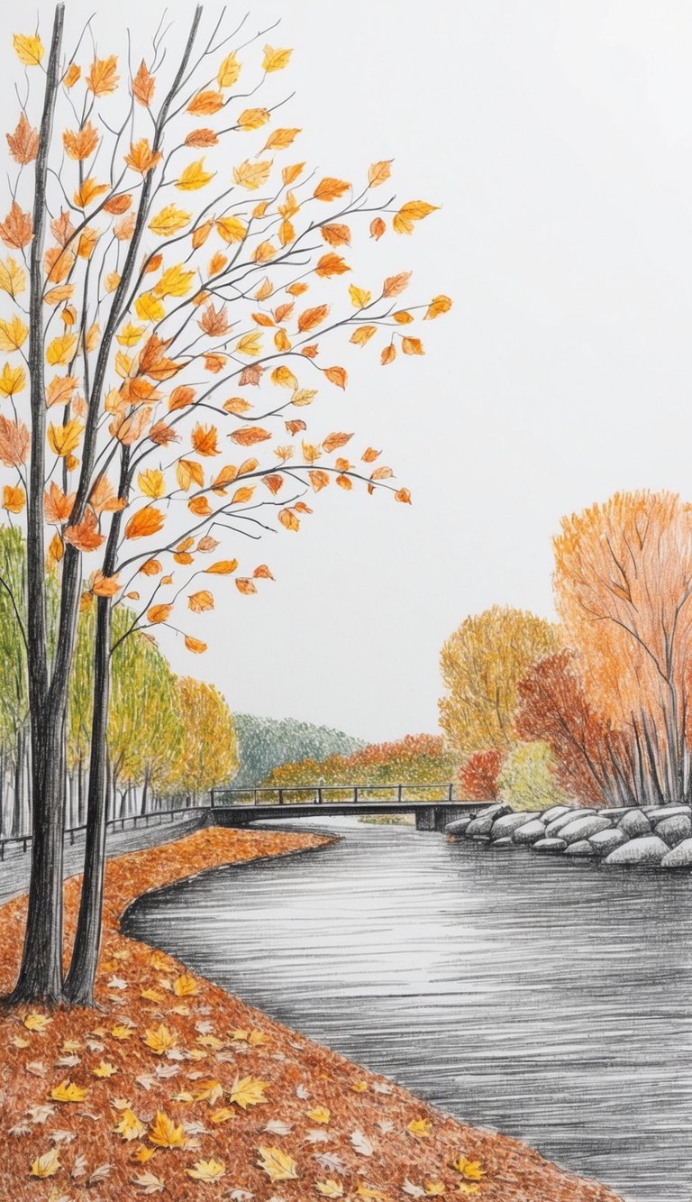 A serene riverbank with autumn leaves, a simple and minimalistic design in pen