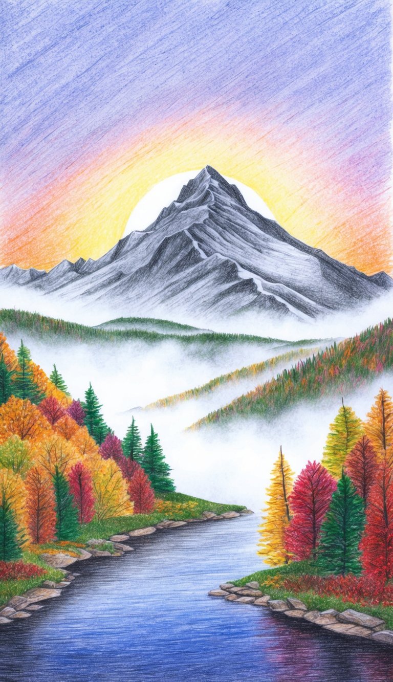 A serene mountain peak at sunrise, surrounded by mist and colorful fall foliage