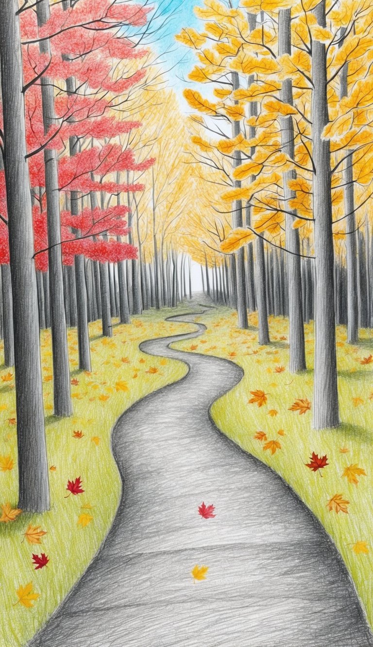 A winding trail through a forest of golden and red leaves, with a few scattered fallen leaves on the ground