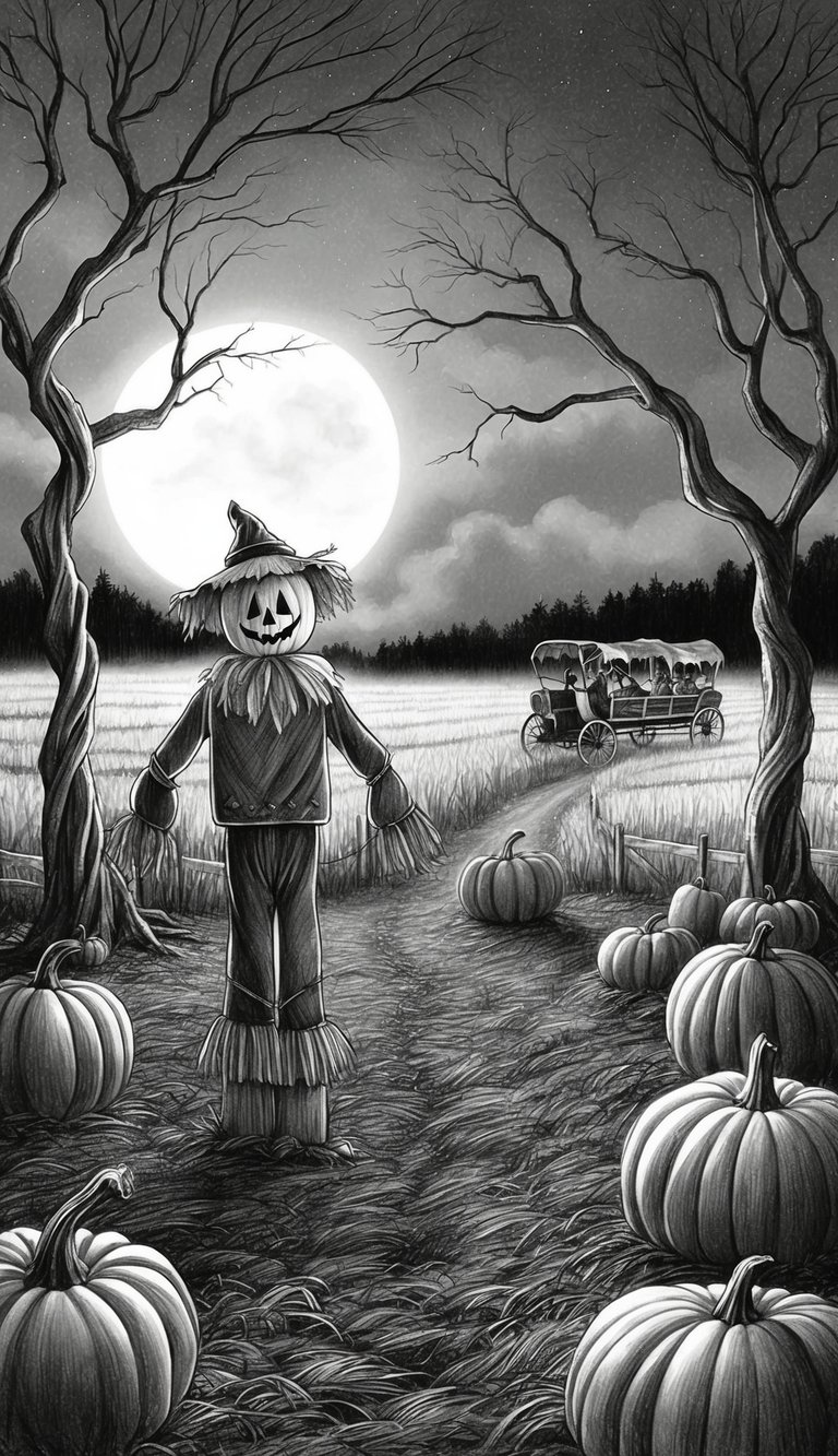 A lone scarecrow stands in a moonlit pumpkin patch, surrounded by twisting trees and a foggy field, as a haunted hayride passes by