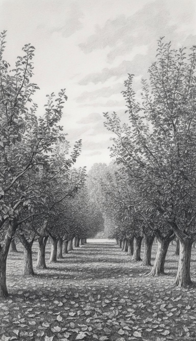 A serene apple orchard with vintage trees, fallen leaves, and a soft autumn sky