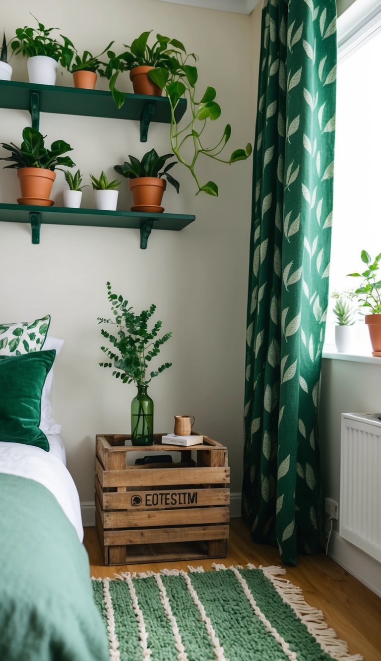 A small bedroom with potted plants on shelves, a green throw rug, and leaf-patterned curtains. A repurposed wooden crate serves as a bedside table with a small vase of fresh greenery