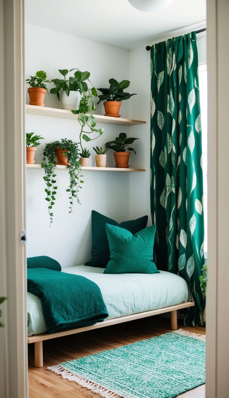 A small bedroom with potted plants on shelves, a green throw rug, and leaf-patterned curtains. A budget-friendly room with natural green elements