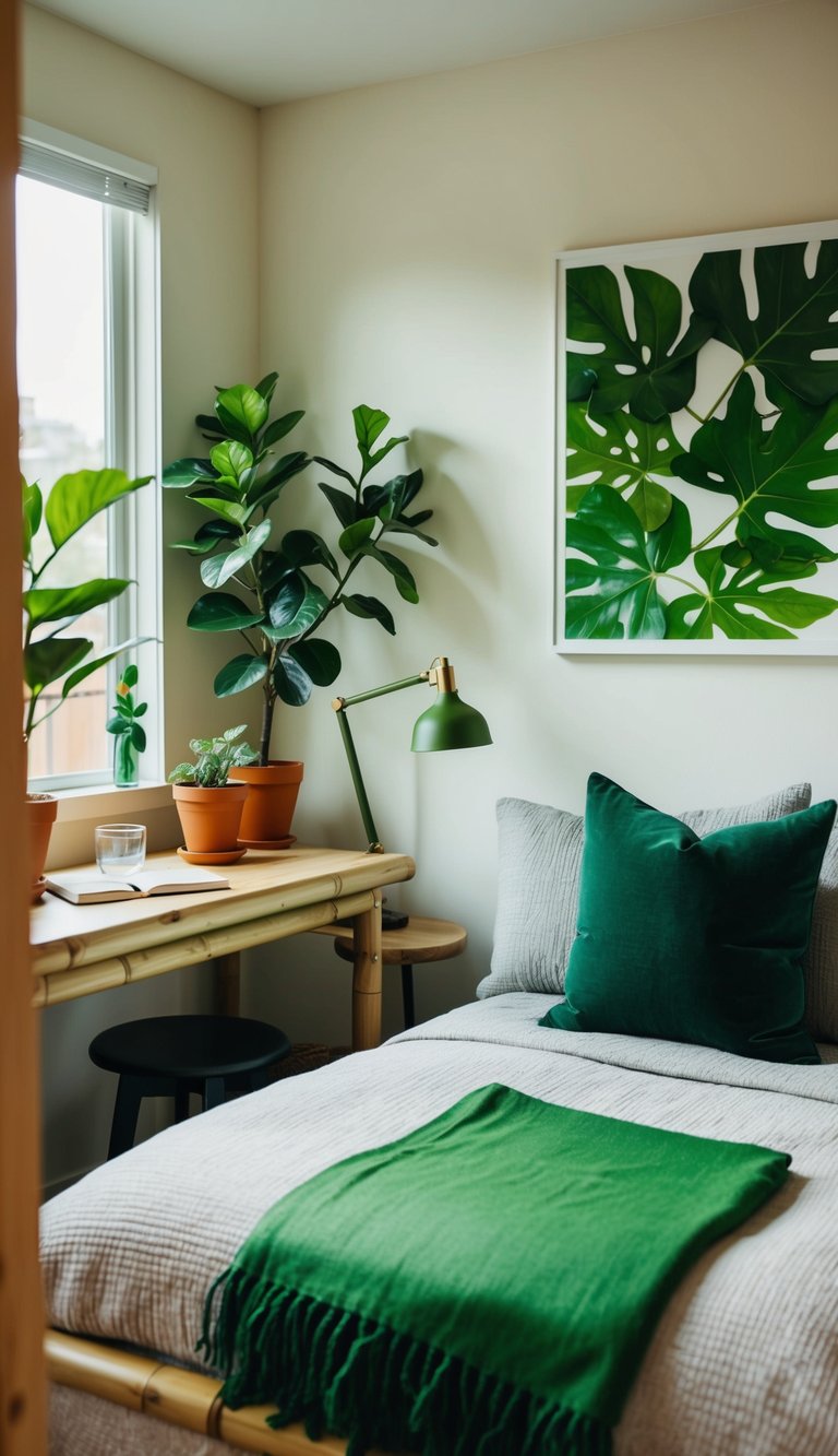 A cozy, small bedroom with green accents: potted plants, leafy artwork, and a green throw blanket on the bed. A sustainable bamboo desk and recycled glass lamp add eco-friendly touches