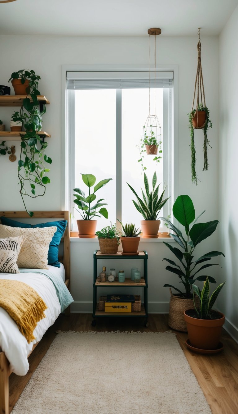 A small bedroom with repurposed furniture, potted plants, and eco-friendly decor. Upcycled containers and sustainable materials are used throughout