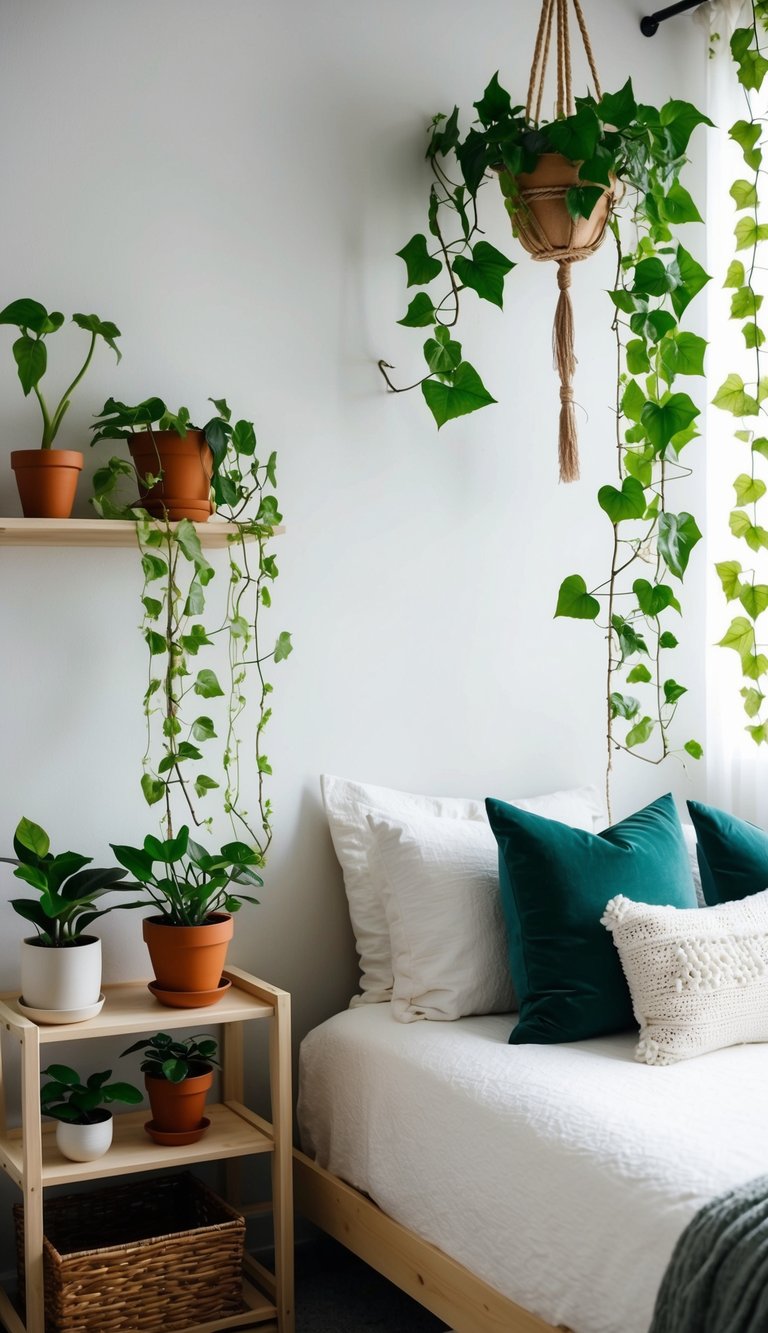 A cozy small bedroom with potted plants on shelves, hanging ivy, and leafy green decor accents