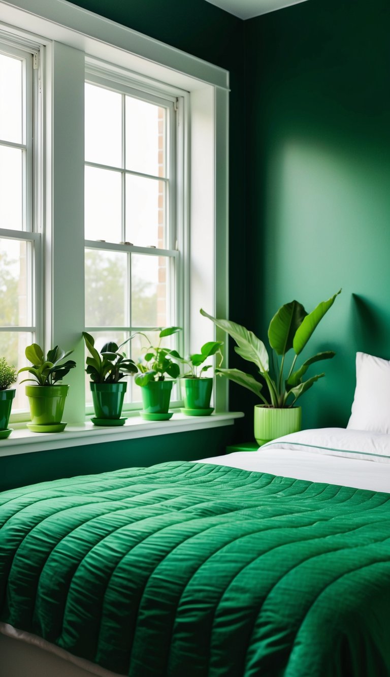 A bedroom with green potted plants on the windowsill, a leafy green bedspread, and a green accent wall