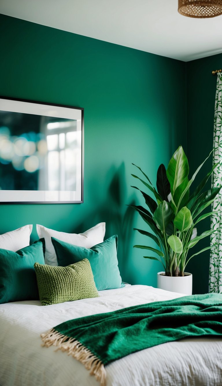 A bedroom with green-painted walls, a lush potted plant, and a cozy green throw blanket on the bed