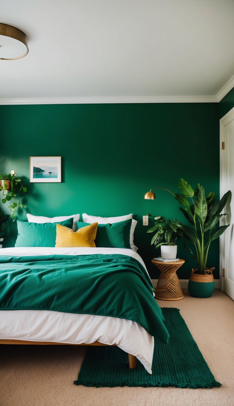 A cozy bedroom with a green accent wall, featuring a bed with green bedding, potted plants, and a green rug