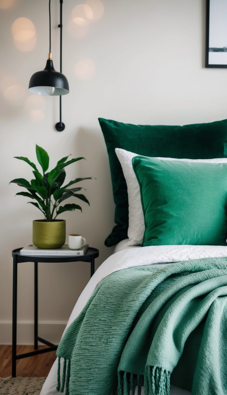 A cozy bedroom with green throw pillows, a leafy plant on a nightstand, and a soft green blanket draped over the bed