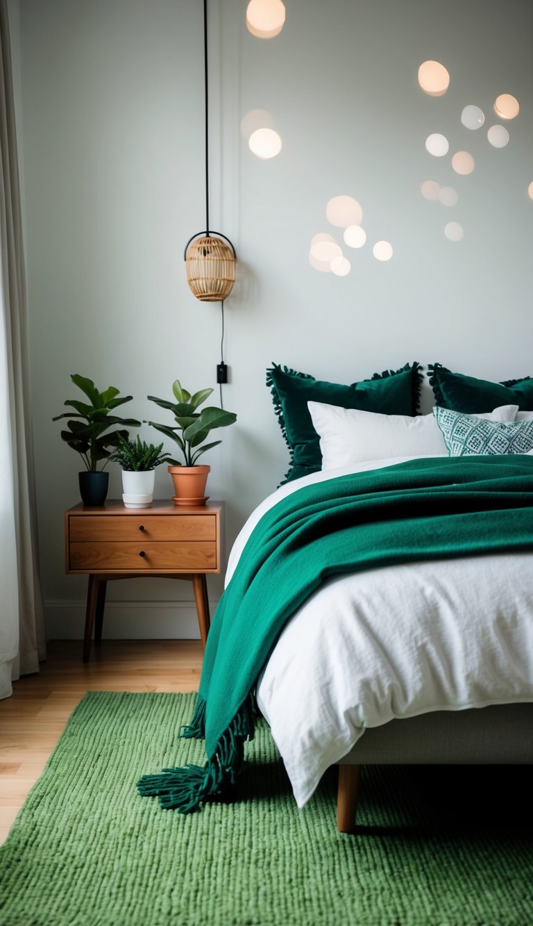 A bedroom with a green throw blanket on the bed, potted plants on the nightstand, and a green rug on the floor