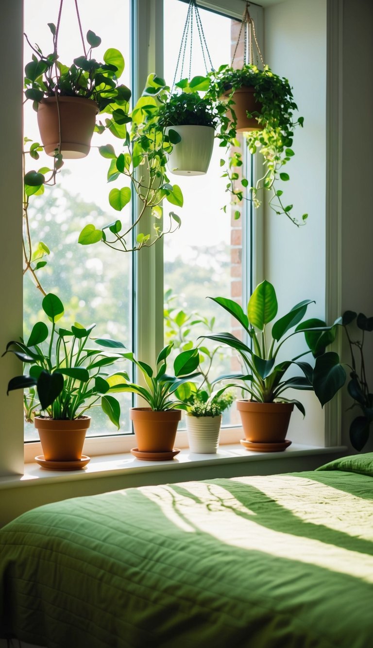 A bedroom with potted plants on a windowsill, hanging planters, and a lush green bedspread. Sunlight filters through the leaves, creating a calming atmosphere