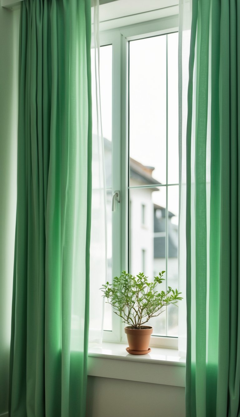 Soft green curtains billow in the breeze, casting a gentle hue over the room. A potted plant sits on the windowsill, adding a touch of nature to the peaceful atmosphere