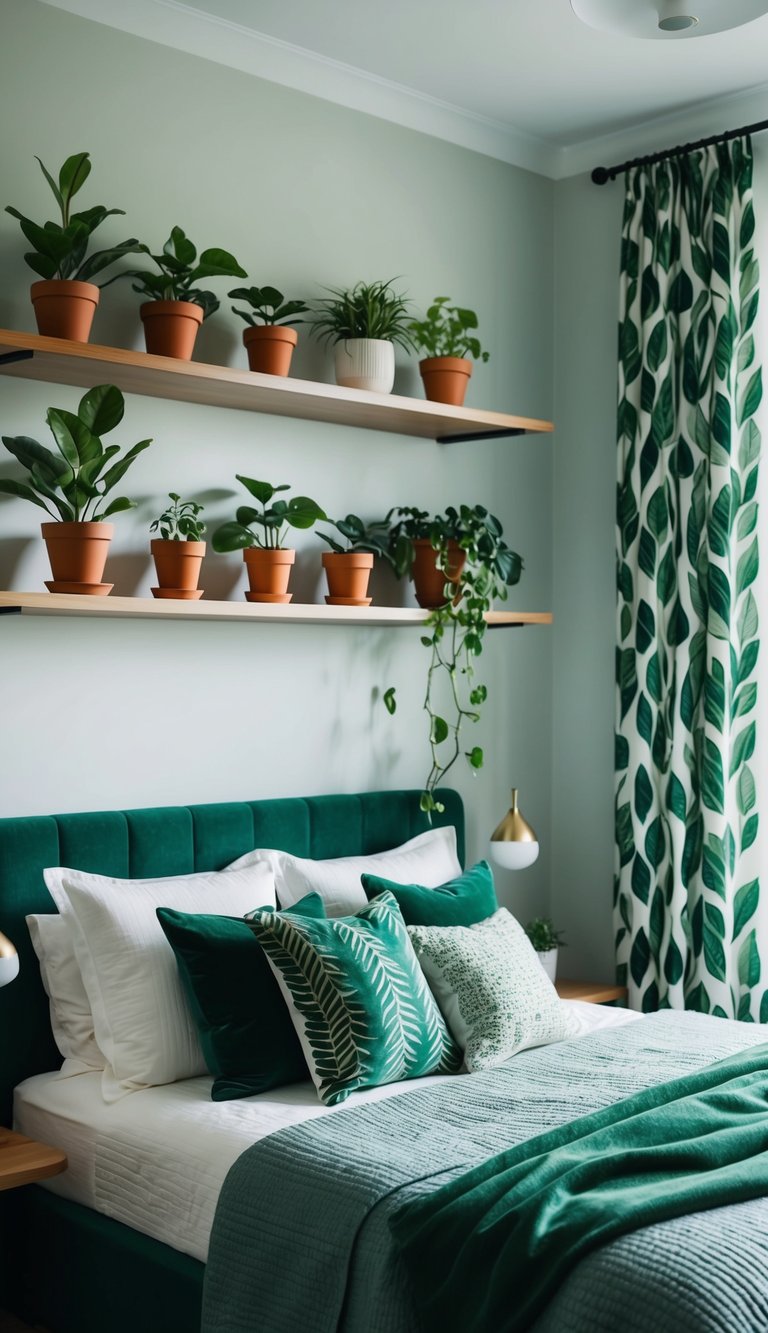 A bedroom with potted plants on shelves, a green throw blanket on the bed, and leaf-patterned curtains