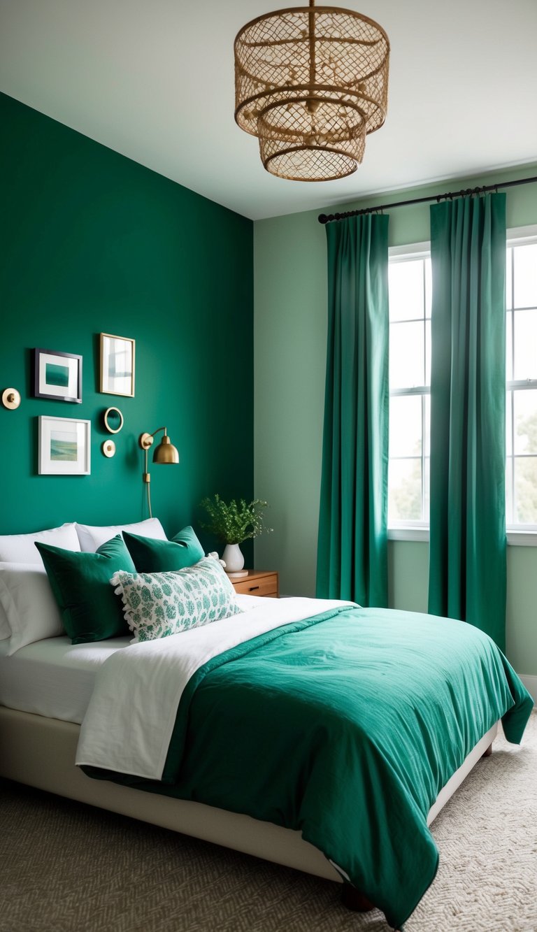 A bedroom with 5 different shades of green on the walls, bedding, curtains, and decor