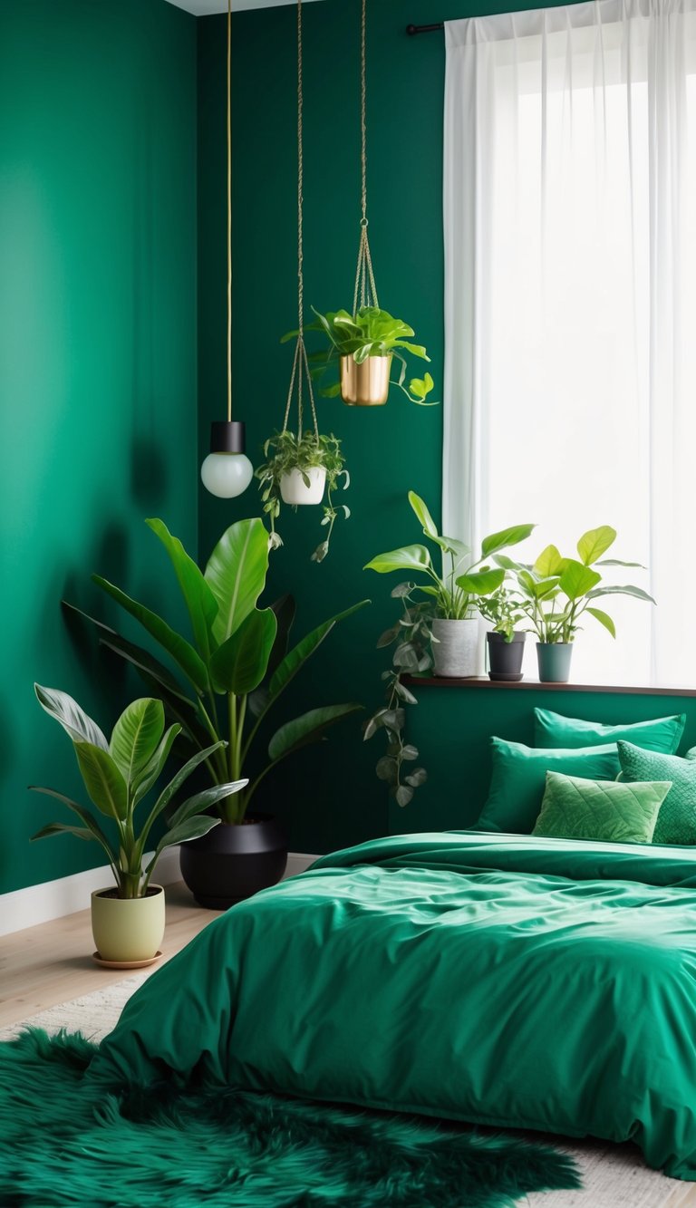 A bedroom with emerald green walls, a plush forest green rug, leafy green bedding, and potted plants in various shades of green