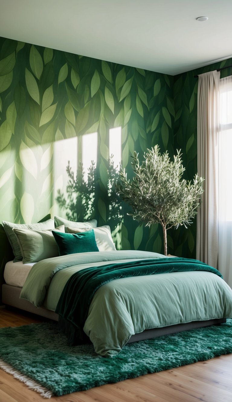 A serene bedroom with leafy green walls, a plush emerald rug, and a cozy sage green comforter on the bed. A potted olive tree sits in the corner, casting dappled shadows across the room