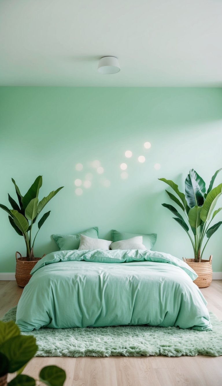 A serene bedroom with mint green walls, a plush green rug, leafy green plants, and soft green bedding