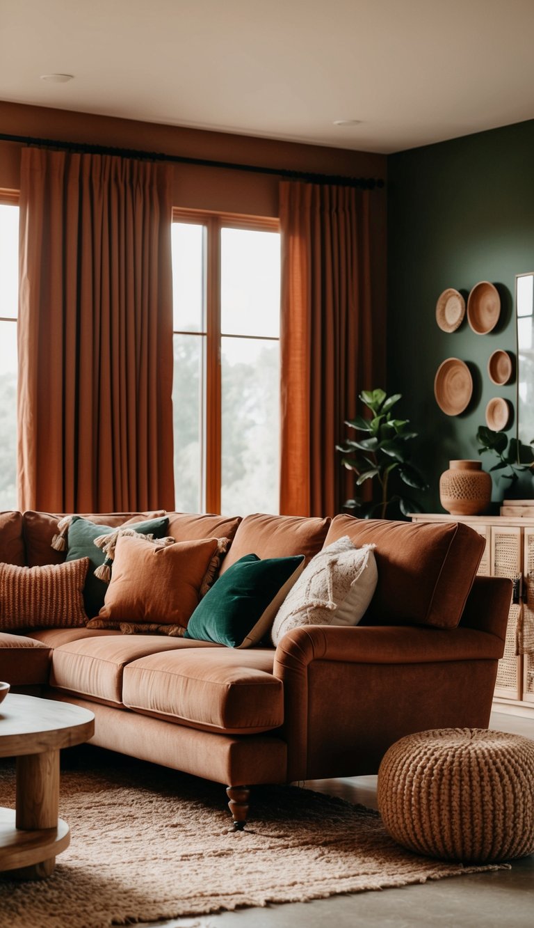 A cozy living room with warm earthy tones, featuring a mix of rich browns, deep greens, and soft terracottas, accented with natural textures like wood and stone