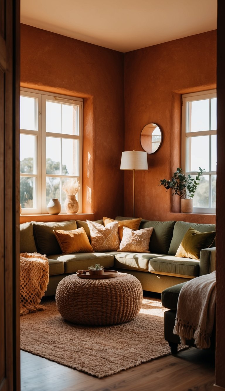 A cozy living room with sunbaked clay walls, adorned with earthy tone color palettes in shades of terracotta, sand, and olive. Warm sunlight filters through the windows, casting a comforting glow over the space