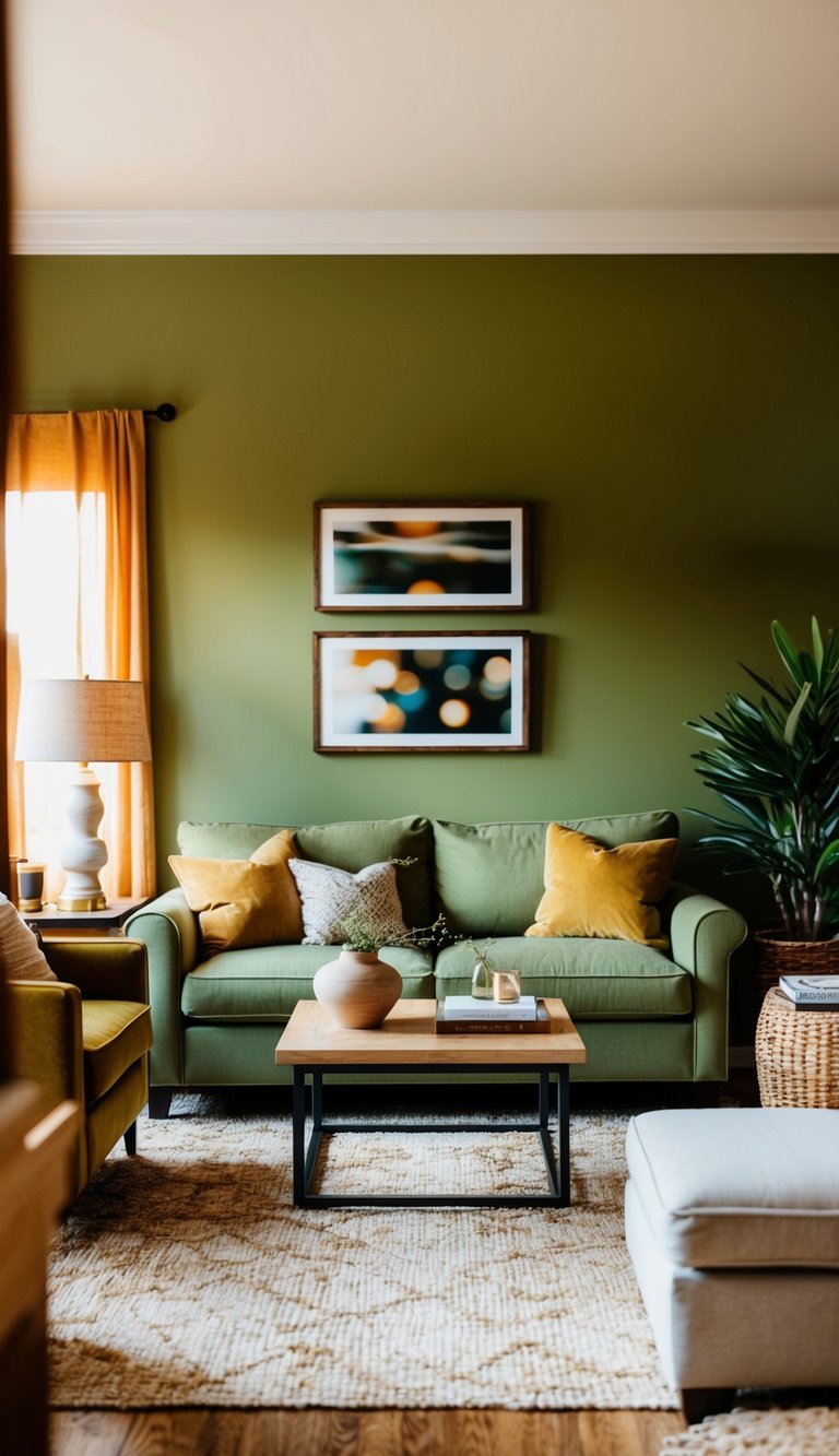 A cozy living room with olive green walls, earthy tone furniture, and warm natural lighting